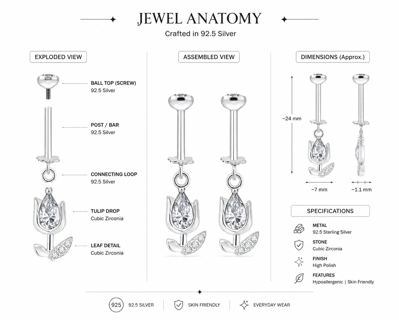 Silver lotus Zirconia Helix Hanging Earring - Image 2